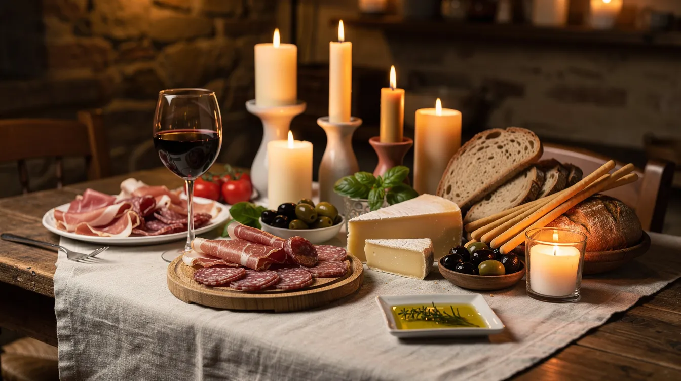 Na stole w toskańskim stylu znajdują się włoskie delikatesy, kieliszek wina, oliwa oraz świeczki, tworząc romantyczną atmosferę idealną na domową kolację. Taki zestaw może być doskonałym prezentem dla bliskiej osoby, która ceni sobie eleganckie i wyjątkowe chwile.