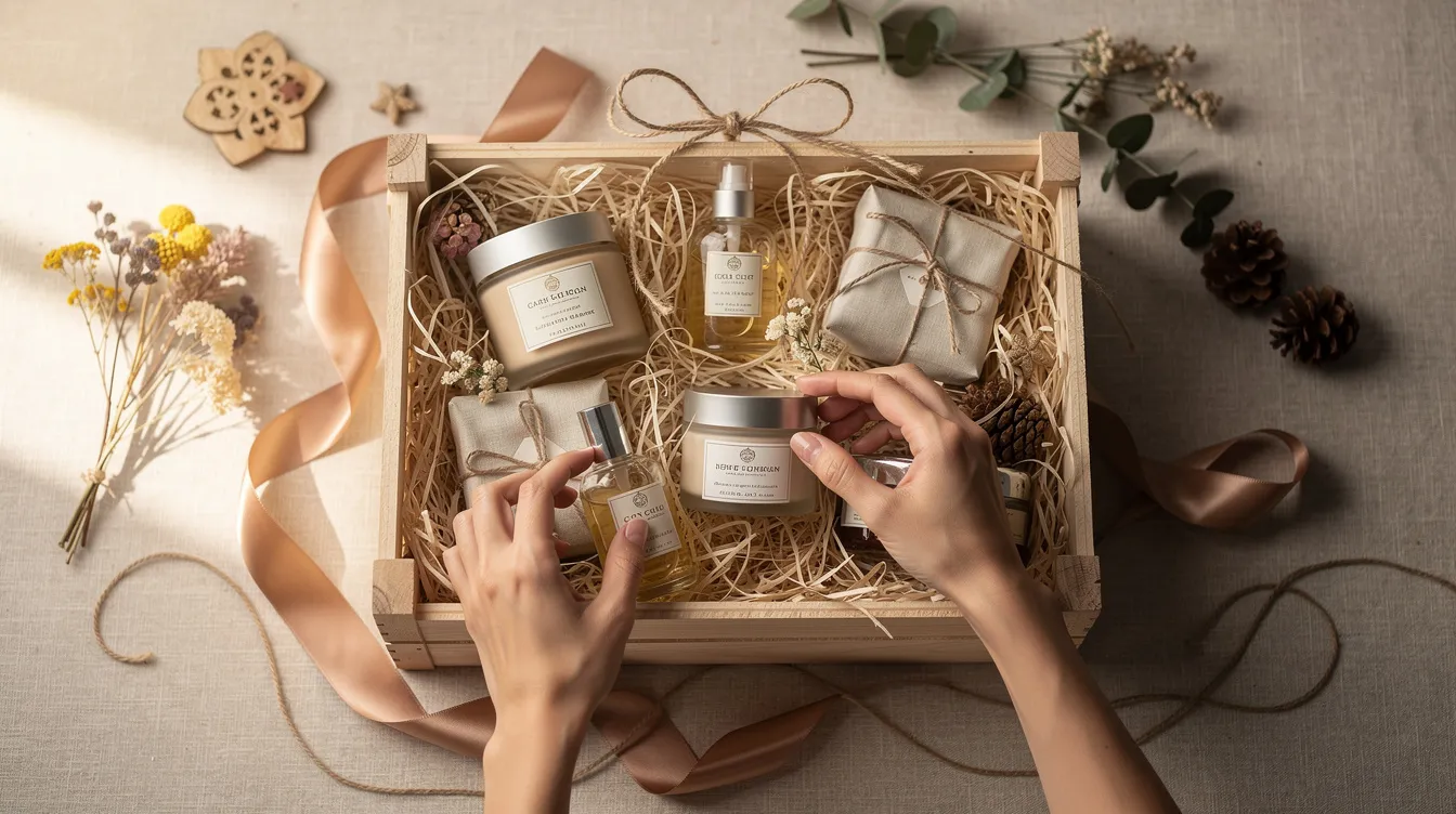 Na zdjęciu widać dłonie starannie układające eleganckie produkty w drewnianej skrzynce prezentowej, otoczonej ozdobnymi wstążkami i naturalnymi dekoracjami. Całość tworzy wyjątkowy kosz prezentowy, idealny na każdą okazję, z dbałością o szczegóły i estetykę.